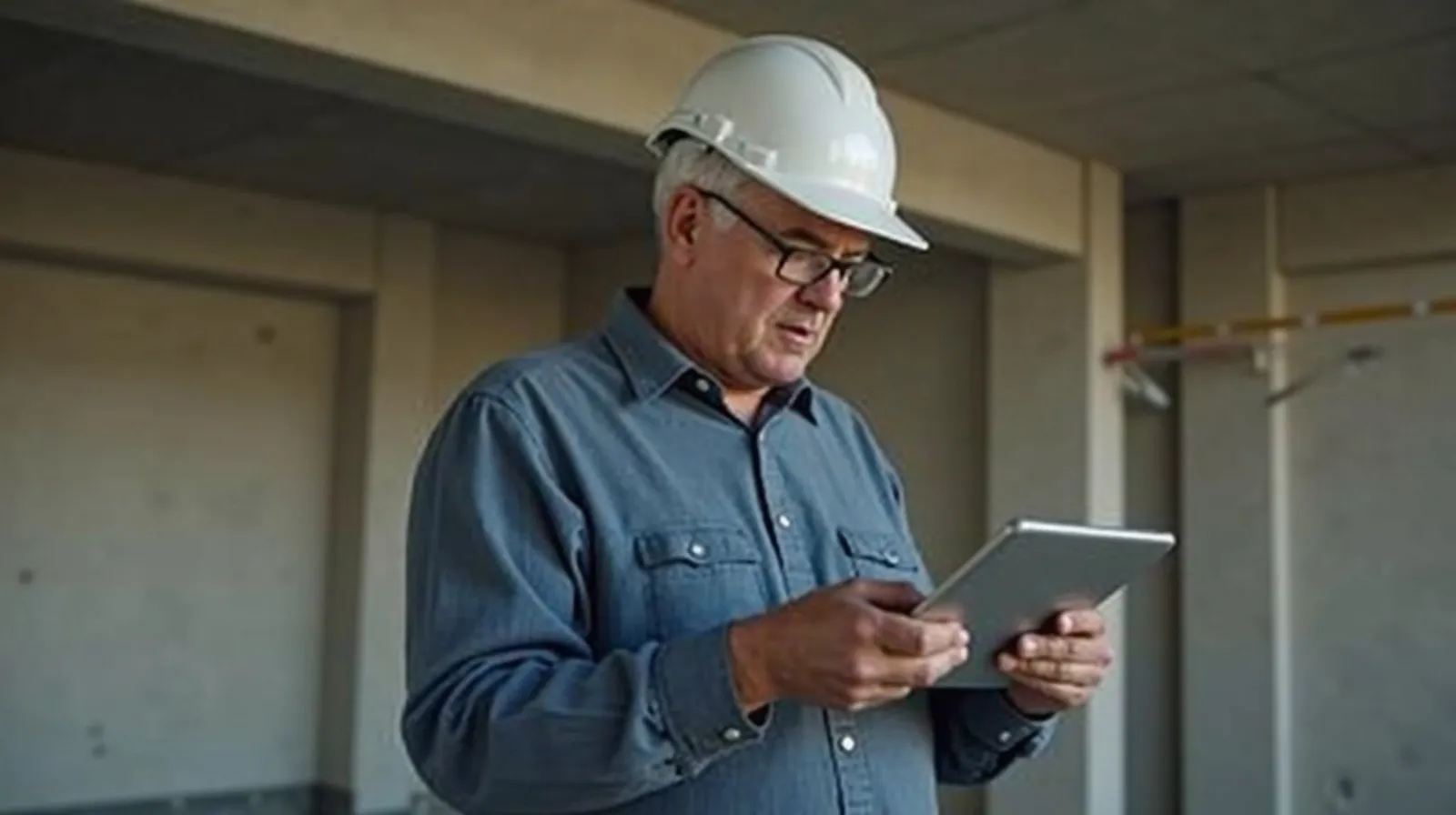 Eigentümer mit Bauhelm prüft Unterlagen am Tablet auf der Baustelle